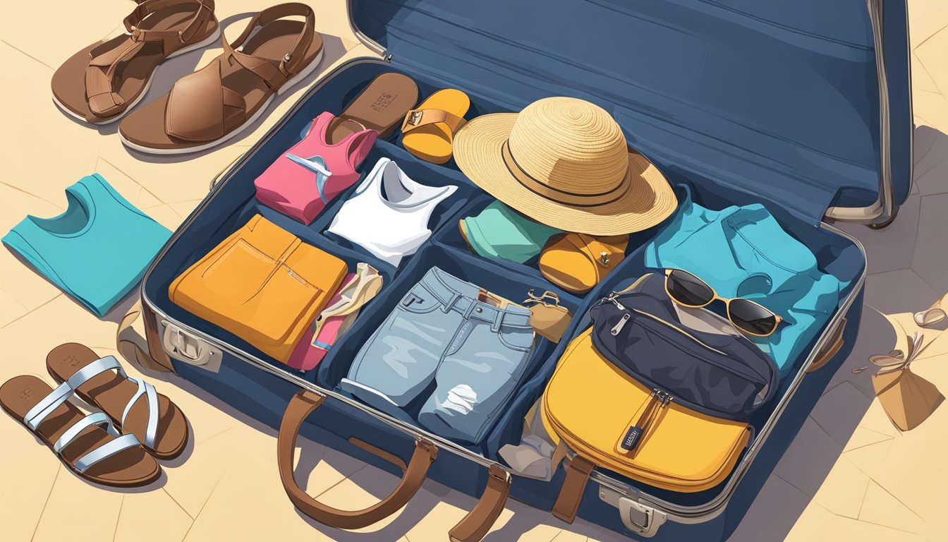 A suitcase open with various clothing items spilling out, including shorts, tank tops, sun hats, and sandals. A map and sunglasses are also scattered on the floor