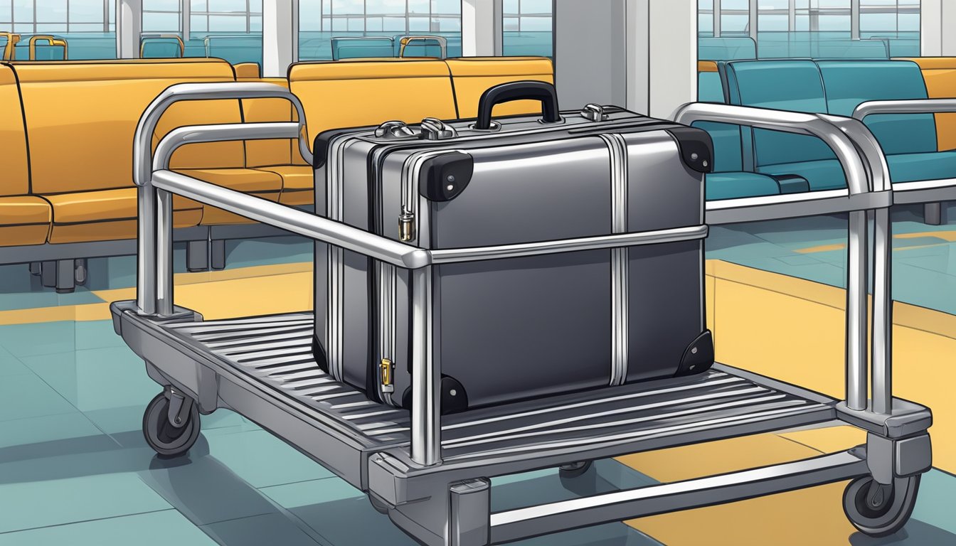 A suitcase locked with a padlock secured to a sturdy metal luggage rack in a busy airport terminal