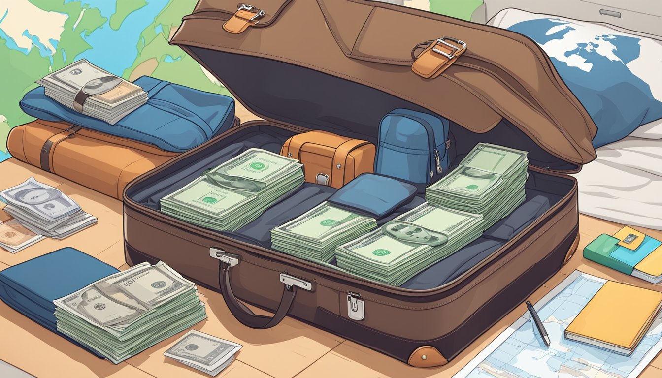 A suitcase with a sturdy lock sits on a bed, surrounded by a money belt, travel documents, and a secure backpack. A map and guidebook are laid out nearby