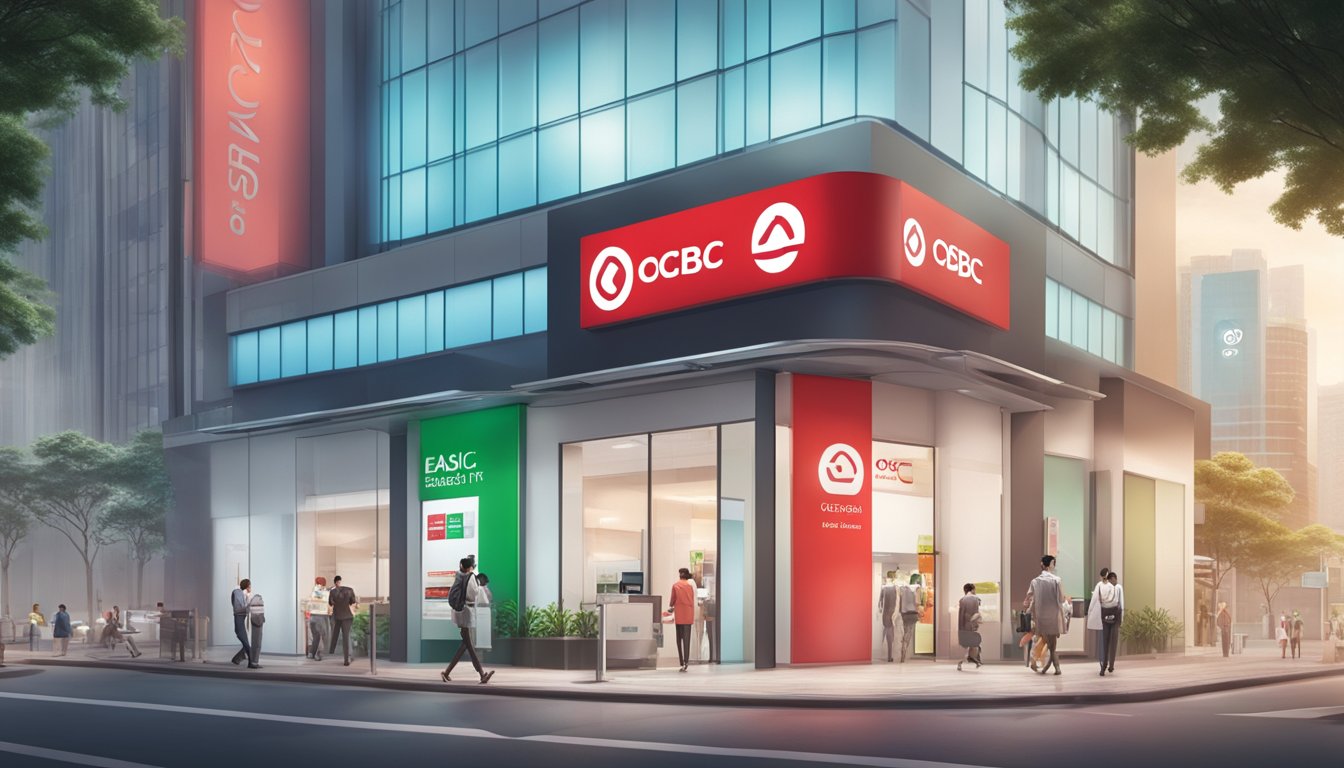A bright and modern bank branch with the OCBC logo prominently displayed, showcasing the benefits of EasiCredit with a sign advertising the annual fee waiver in Singapore