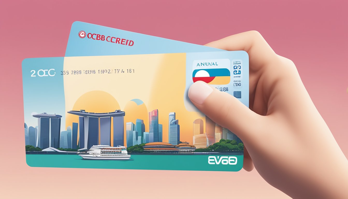 A hand holding an ocbc easicredit card with a "annual fee waiver" stamp, against a backdrop of the Singapore skyline