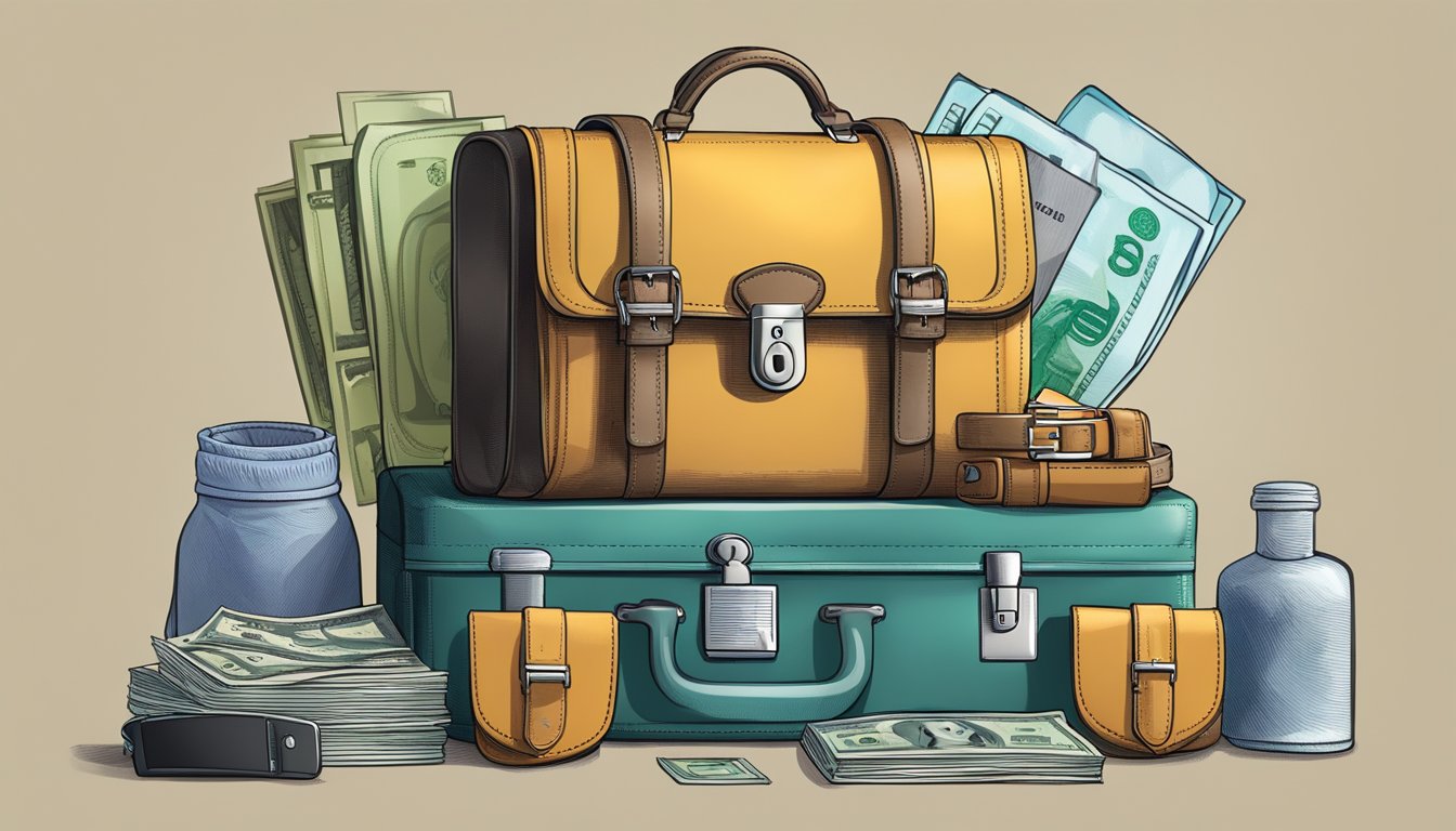 A hand reaches to lock a suitcase, while a padlock secures a backpack. A passport and wallet are placed inside a hidden money belt