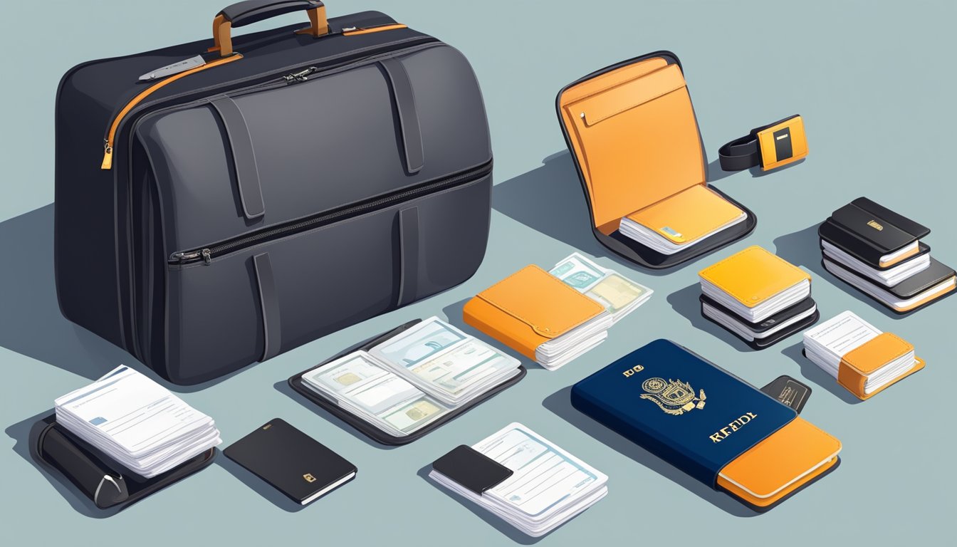 A suitcase secured with a sturdy lock and placed in a safe. A passport and important documents neatly organized in a waterproof pouch. An RFID-blocking wallet with cash and cards tucked away