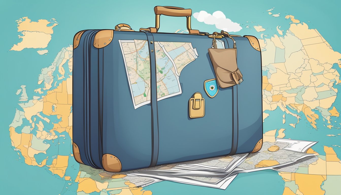 A suitcase locked with a padlock, surrounded by a map, passport, and camera. A hand reaching out to grab the suitcase