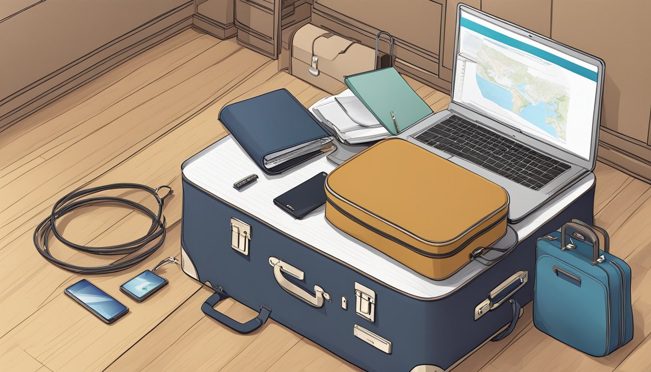 A suitcase with a sturdy lock sits on a hotel room floor, while a laptop is secured with a cable lock to a desk