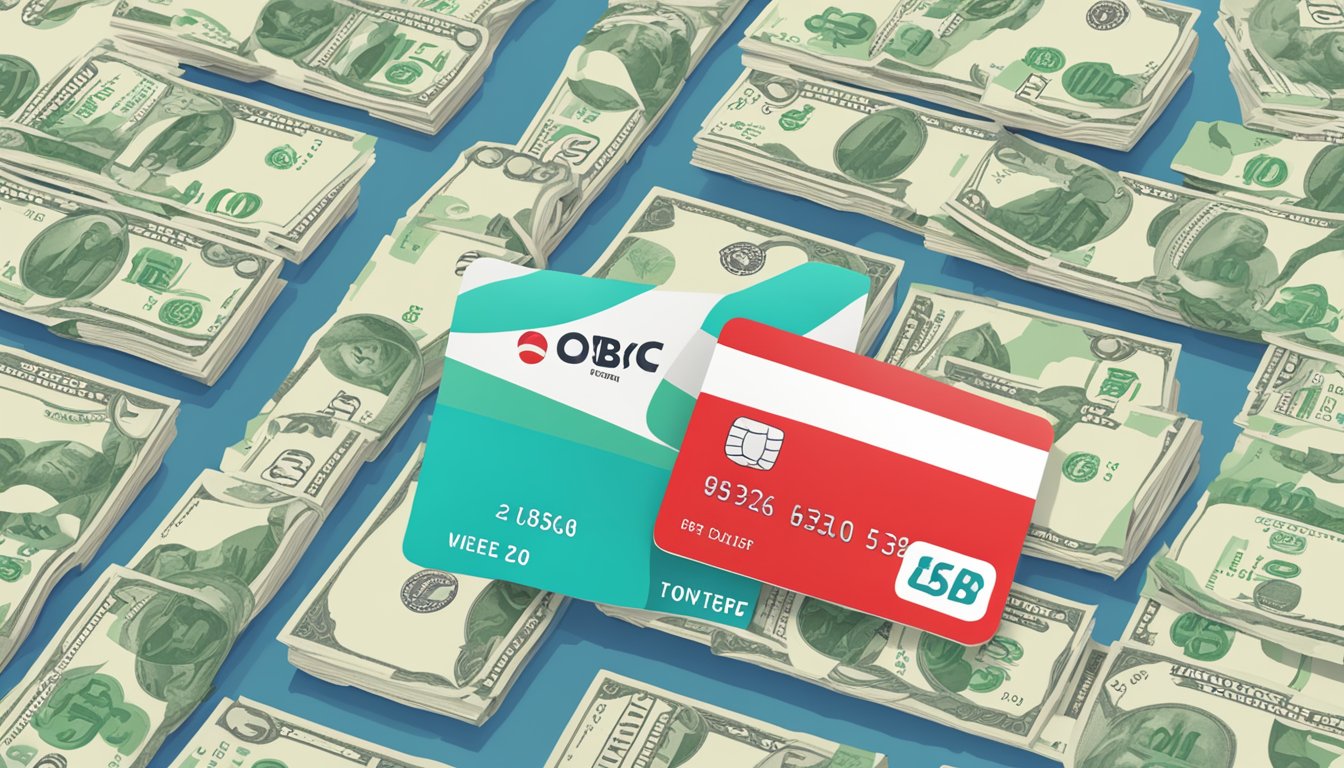 A credit card with "OCBC Easicredit" logo, surrounded by dollar signs and usage bar graph, with "Annual Fee Waiver" text