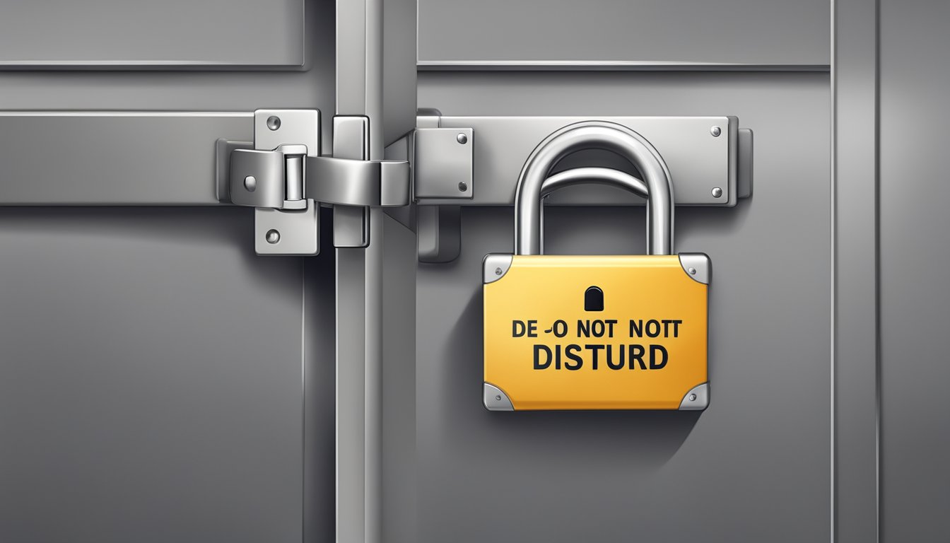 A suitcase locked with a sturdy padlock, placed in a secure location with a "Do Not Disturb" sign hanging on the door handle