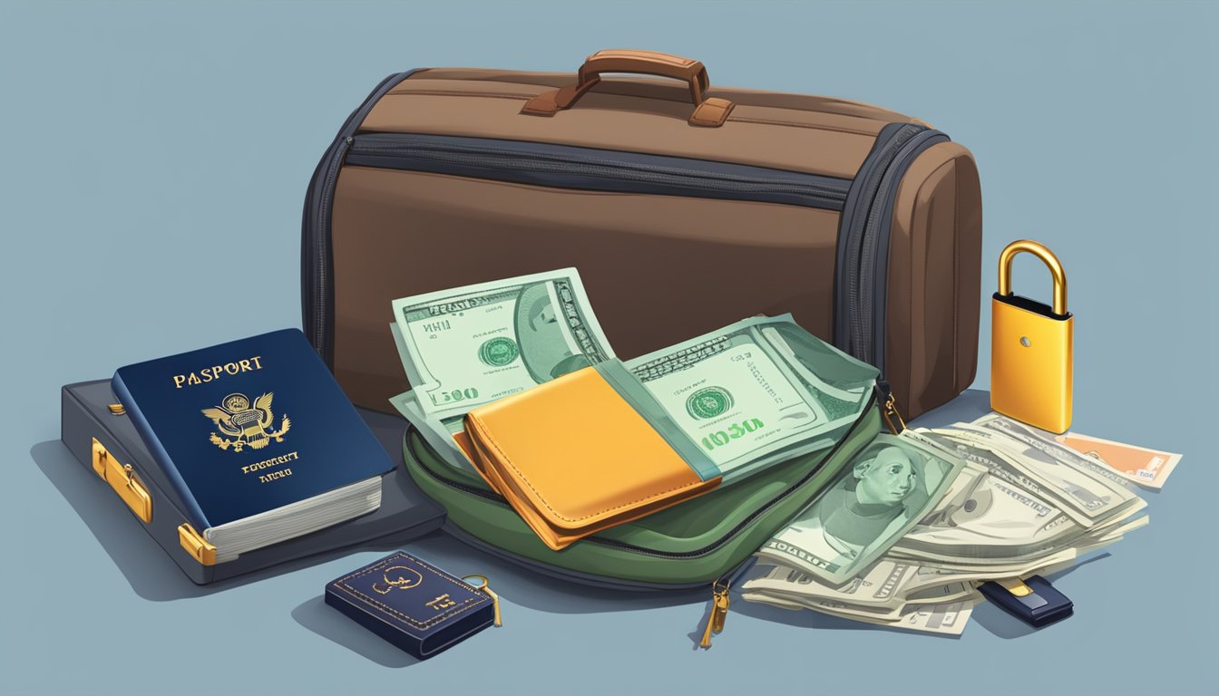 A suitcase with a padlock sits on a hotel bed, beside it, a money belt and a secure backpack. A passport and travel documents are tucked inside the backpack's zippered compartment