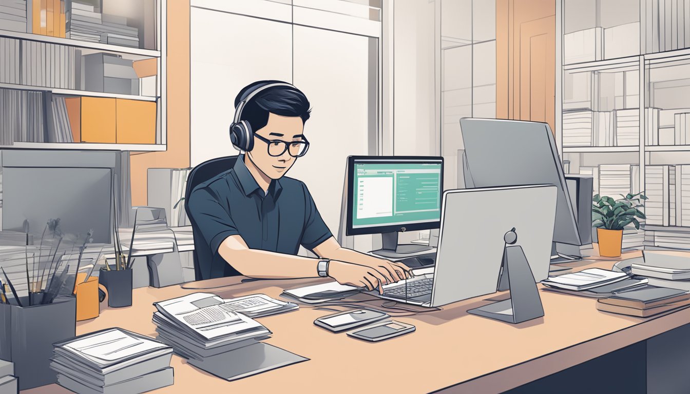 A person sitting at a desk, dialing the OCBC EasiCredit hotline in Singapore, with a computer and paperwork spread out in front of them