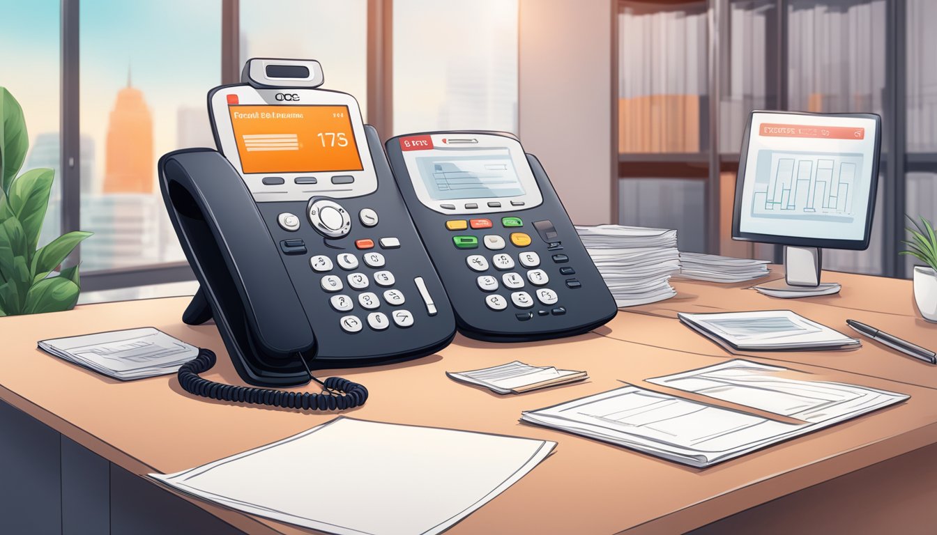 A phone with a glowing screen displaying the OCBC EasiCredit hotline number, surrounded by forms and procedure documents, on a desk in an office setting