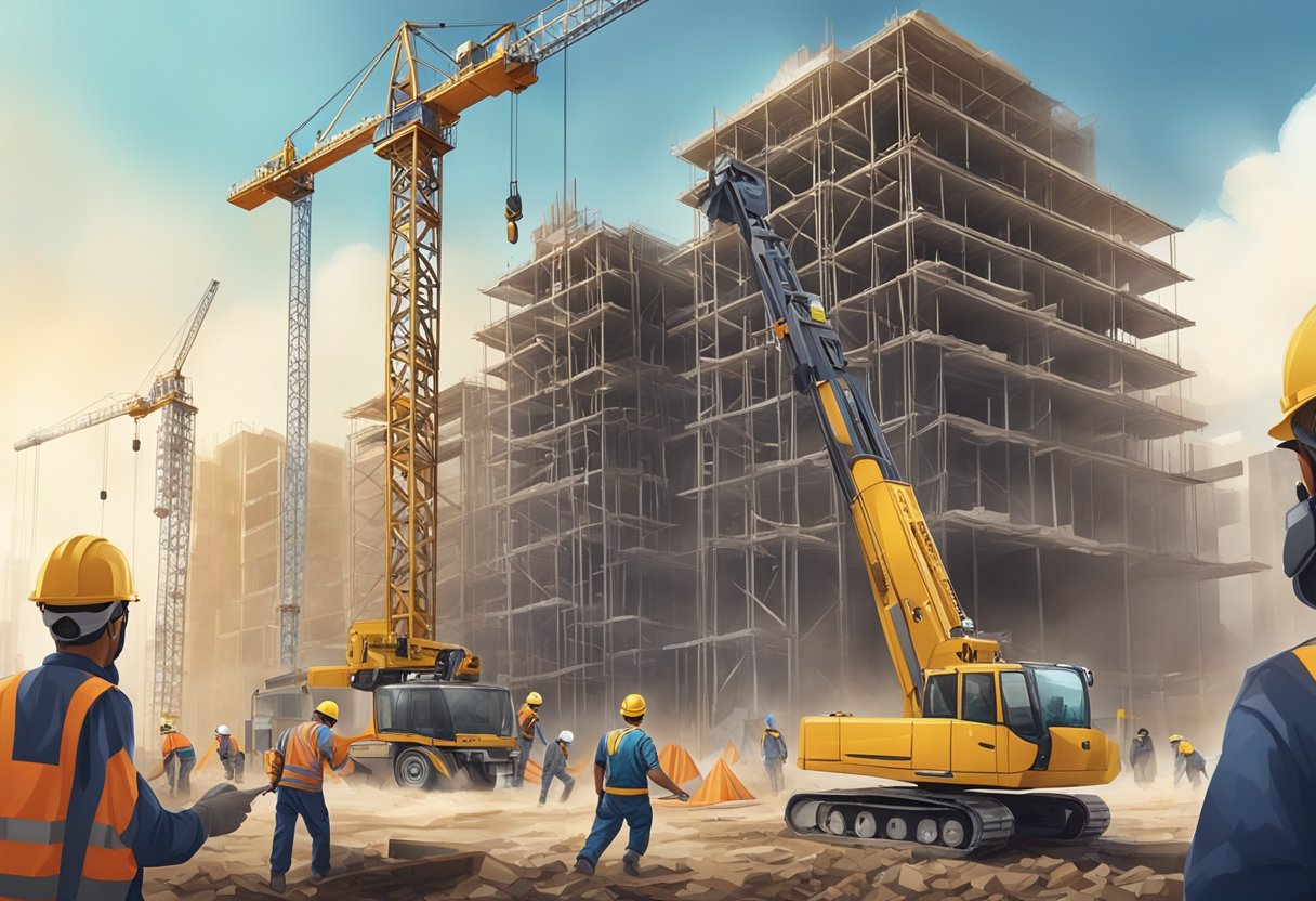 A construction personnel hoist rises against a backdrop of a bustling construction site, with workers and equipment moving in the background