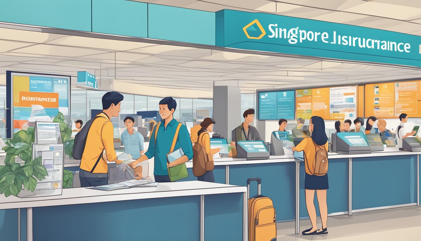 A traveler in Singapore buys travel insurance at a bustling airport counter, surrounded by brochures and a helpful agent explaining coverage options