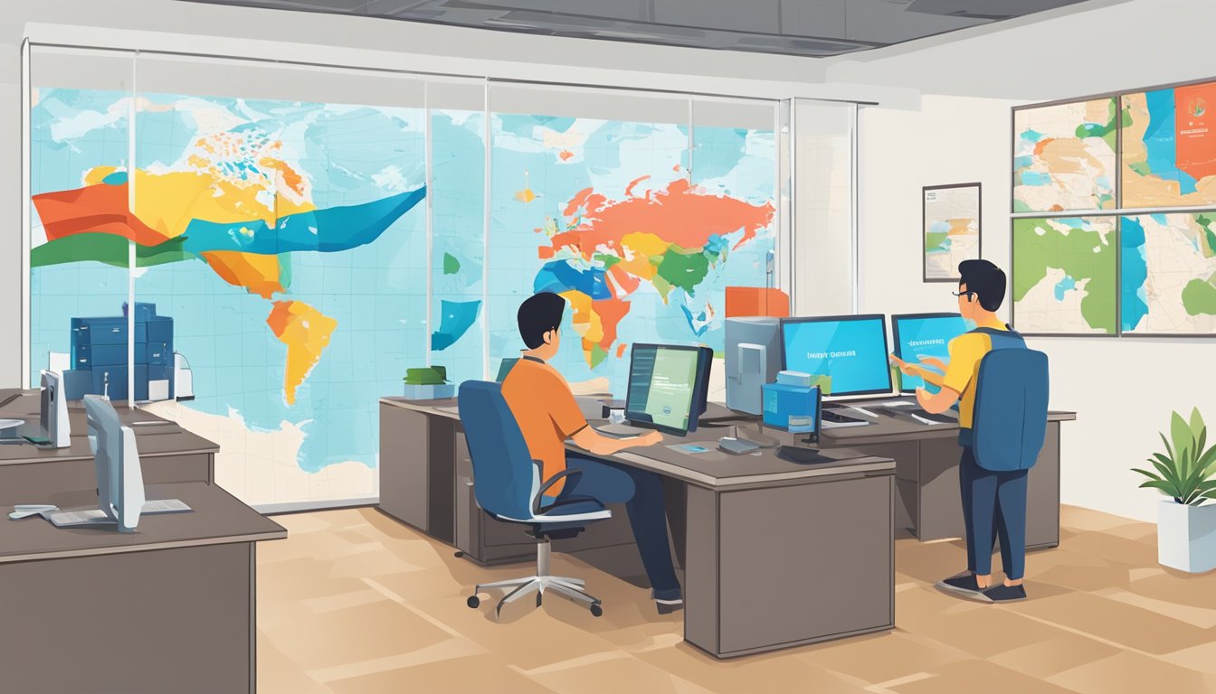 A travel insurance office with a Singaporean flag and a map of the world on the wall, a desk with brochures and a computer, and a customer service representative assisting a client