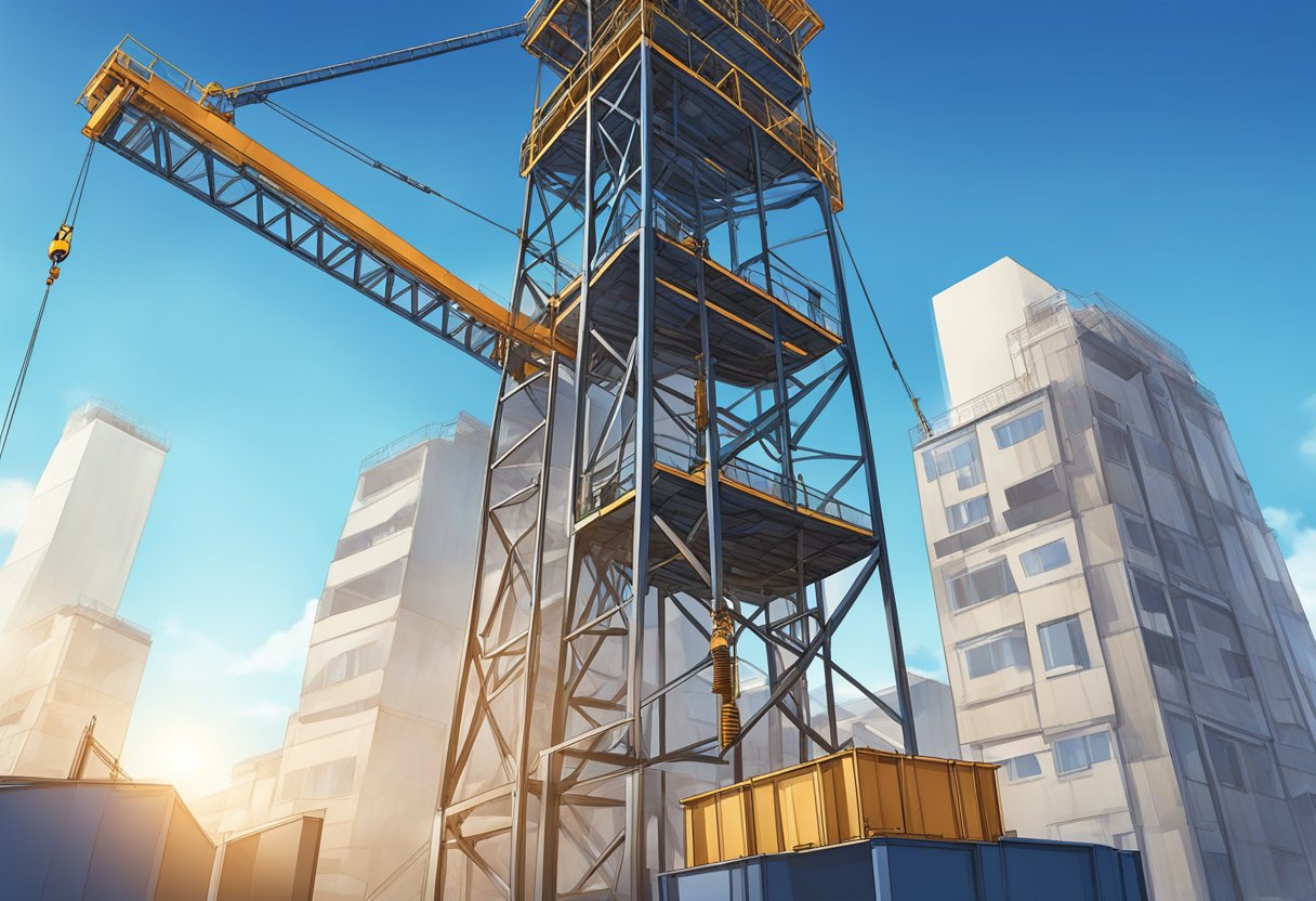 The tower hoist lift raises materials to the top of a construction site. The metal structure stands tall against the blue sky