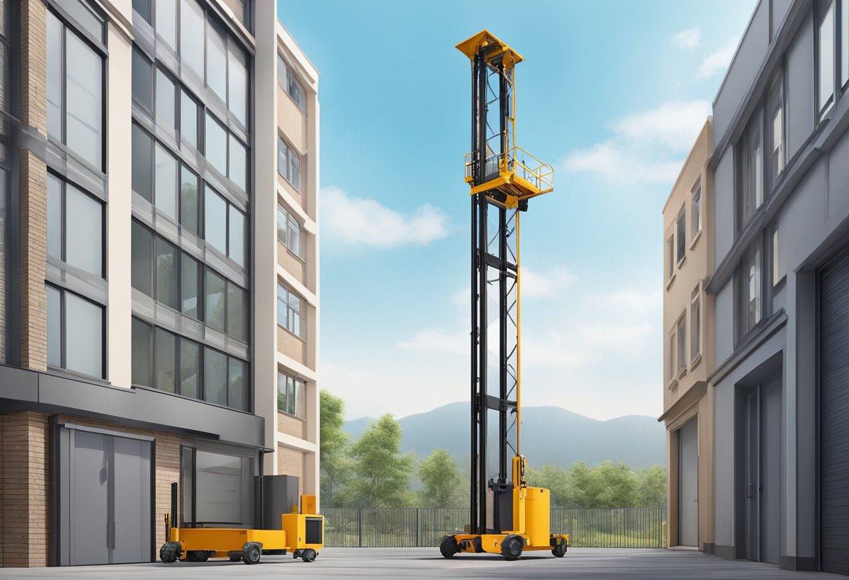 A tower hoist lift stands tall, with a sturdy base and a vertical mast. It has a platform for lifting heavy loads and a control panel for operation