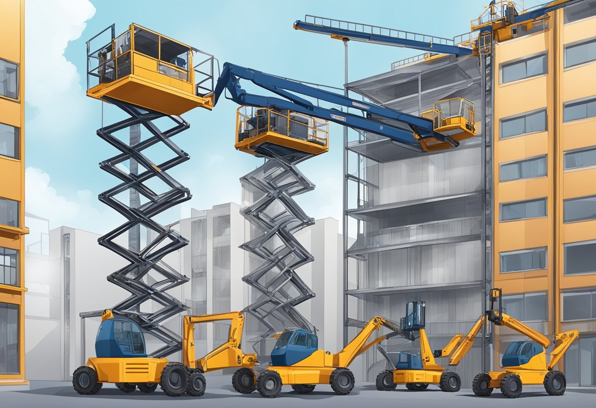 Various types of lifts at a construction site: boom lifts, scissor lifts, and aerial lifts. The lifts are positioned near the building under construction