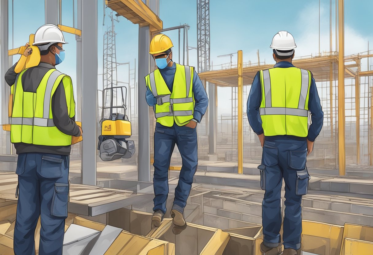 Workers wearing hard hats and safety vests operate a lift at a construction site, following safety protocols