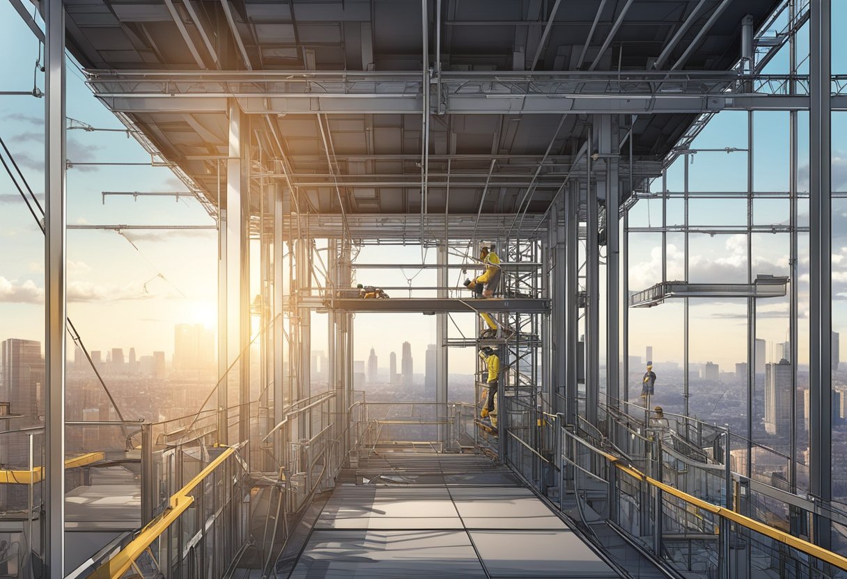 An open construction elevator ascends against a city skyline. Steel beams and cables surround the platform, with workers' tools scattered nearby