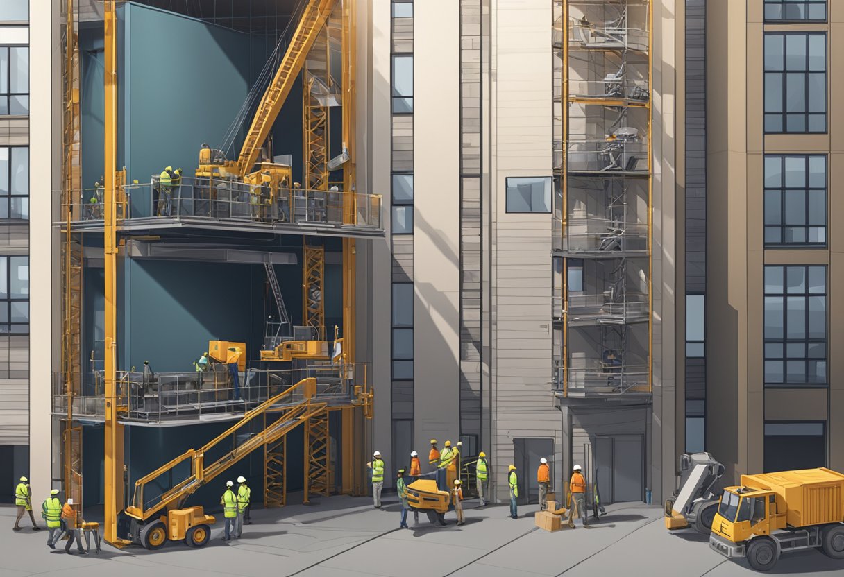 An outside construction elevator rises alongside a tall building, with workers moving materials and tools between floors