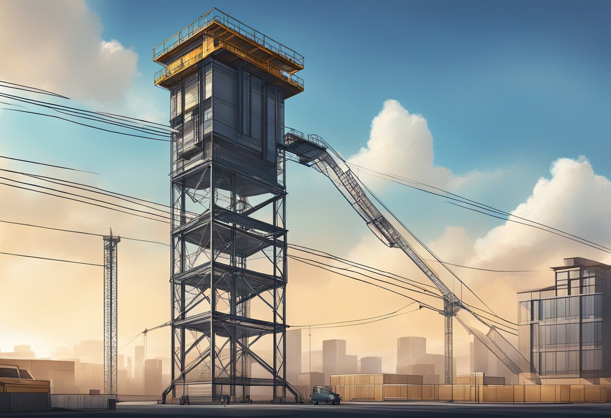 The construction elevator stands tall against the backdrop of the building, with its steel frame and cables reaching up towards the sky. The design and engineering of the elevator are evident in its sturdy structure and sleek lines