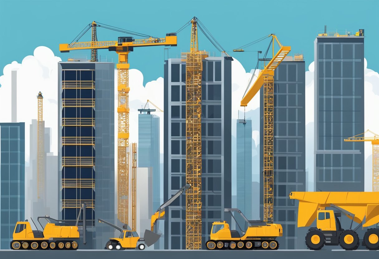 Multiple construction elevators rise against a city skyline, with cranes and workers below. Various types include rack and pinion, traction, and hoist