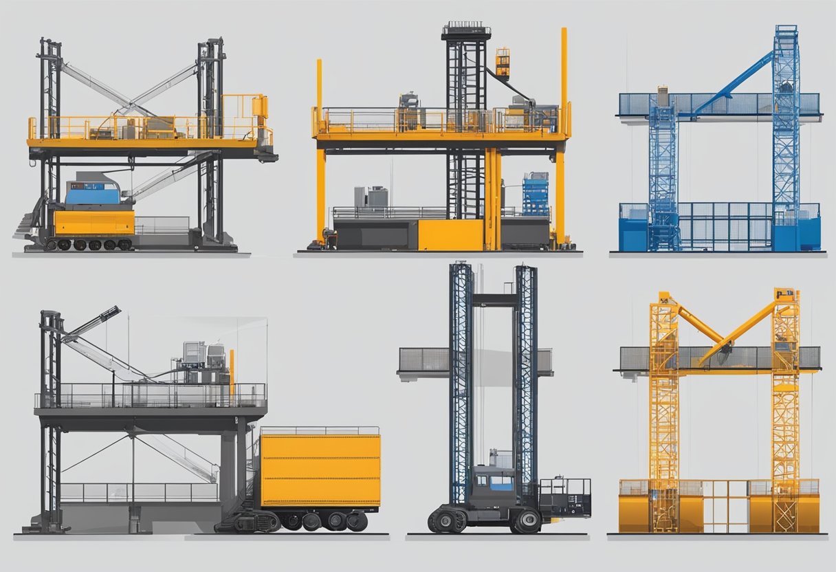 Various construction elevators: rack and pinion, traction, and material hoists. Each type has specific features and is used for different purposes