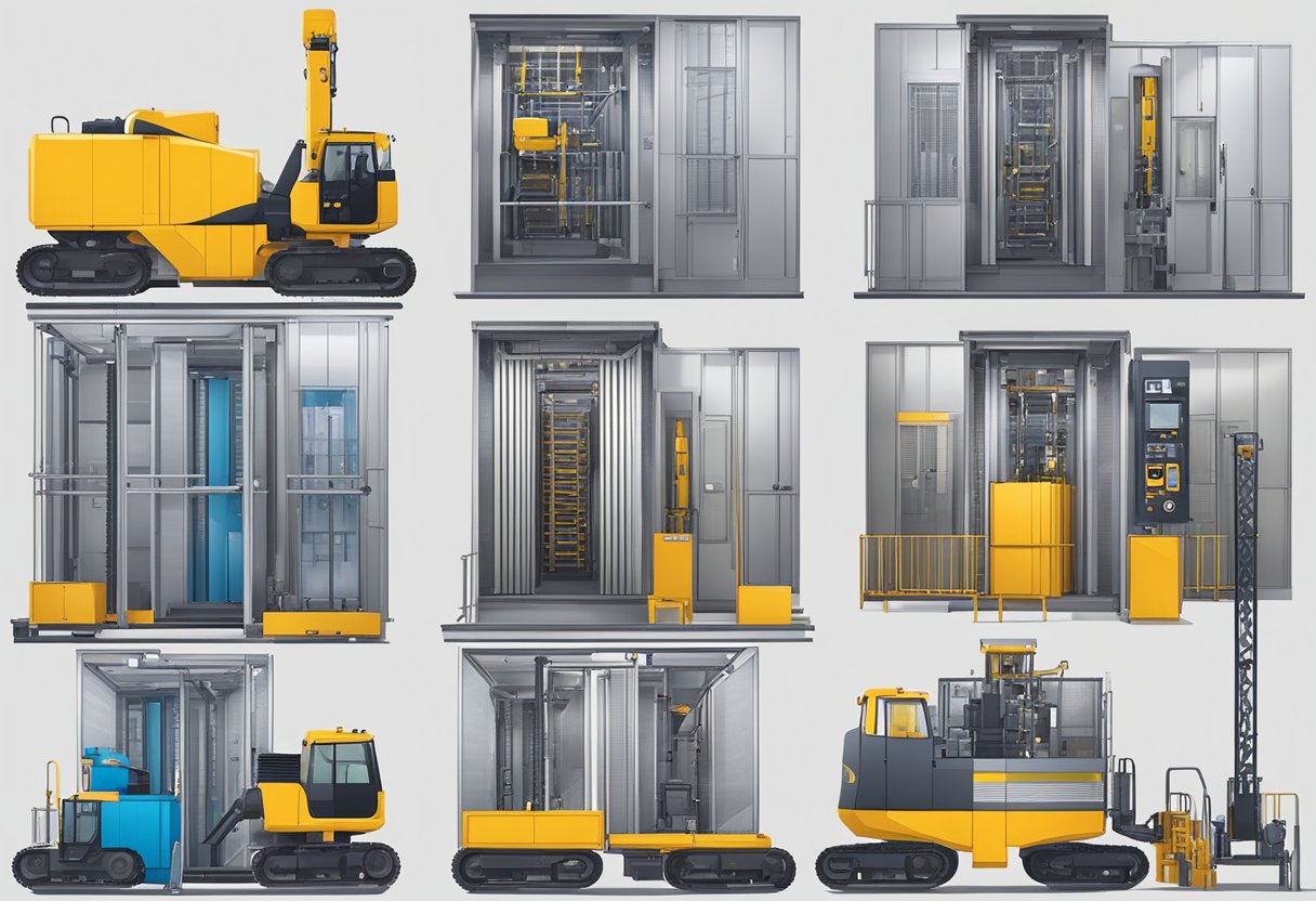 Several types of construction elevators in use, including rack and pinion, traction, and hydraulic systems