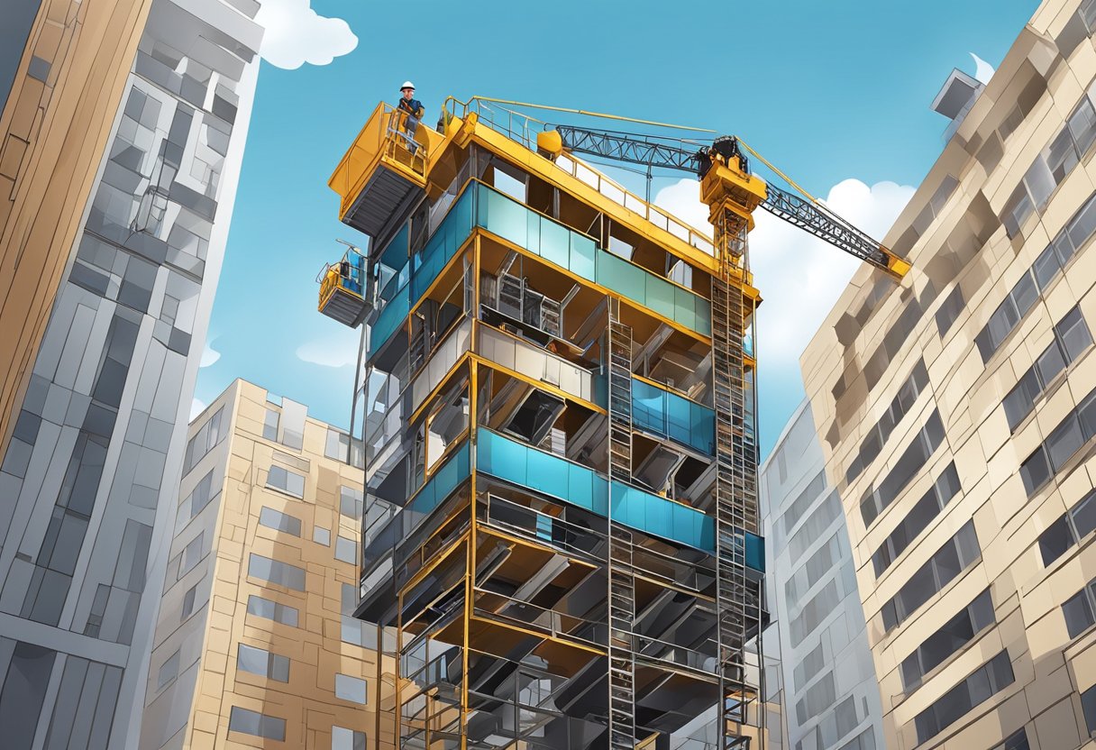 A construction goods hoist lifts materials up a tall building