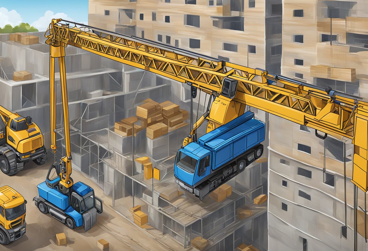 A construction goods hoist lifting materials at a busy construction site