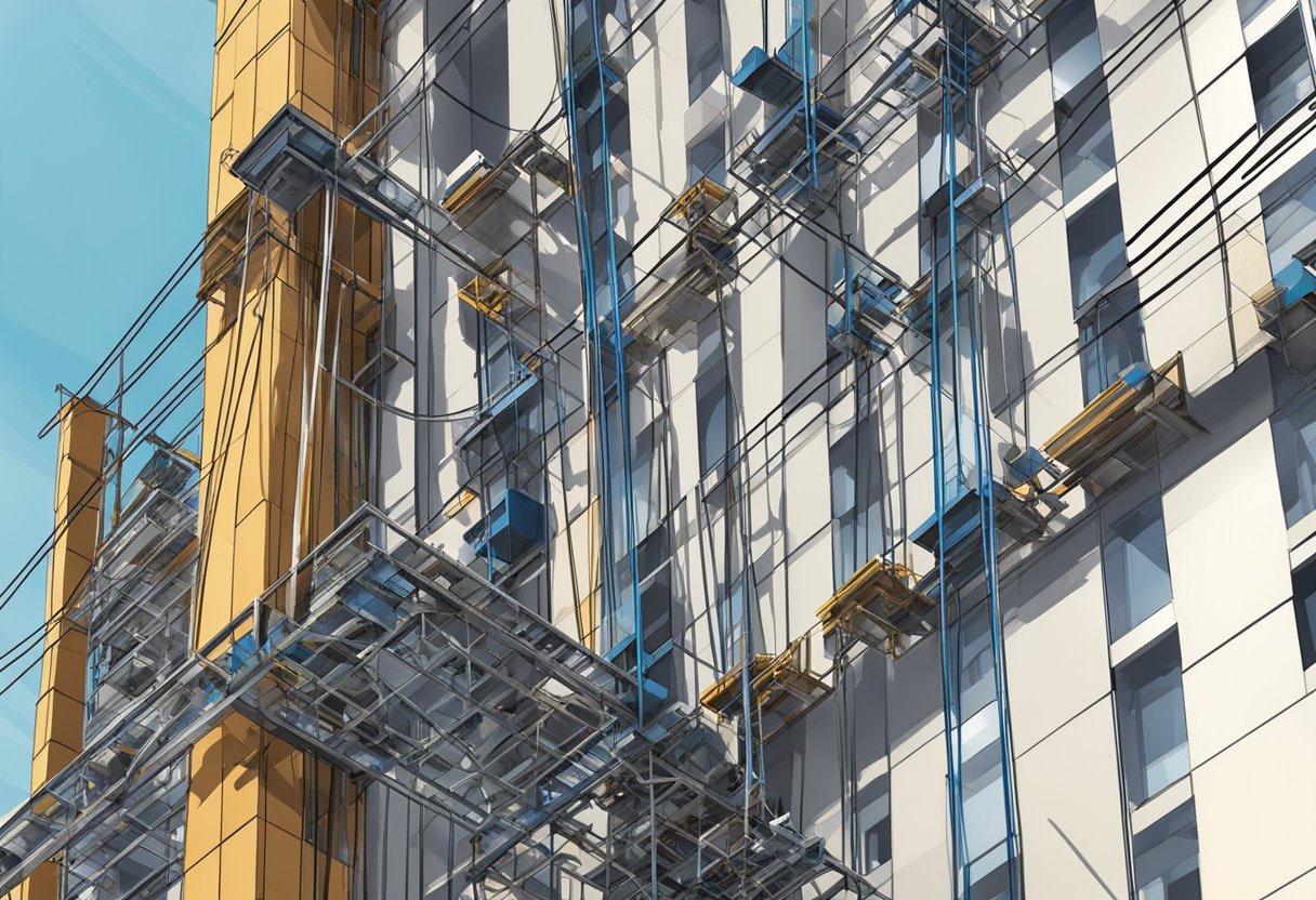 A steel framework with pulleys and cables, lifting heavy construction materials up a tall building