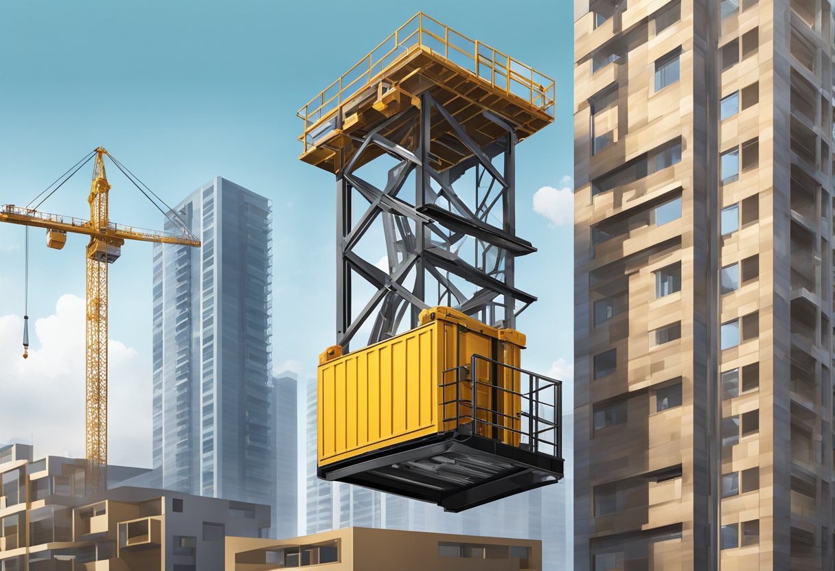 A construction goods lift ascends with building materials against a backdrop of a towering construction site