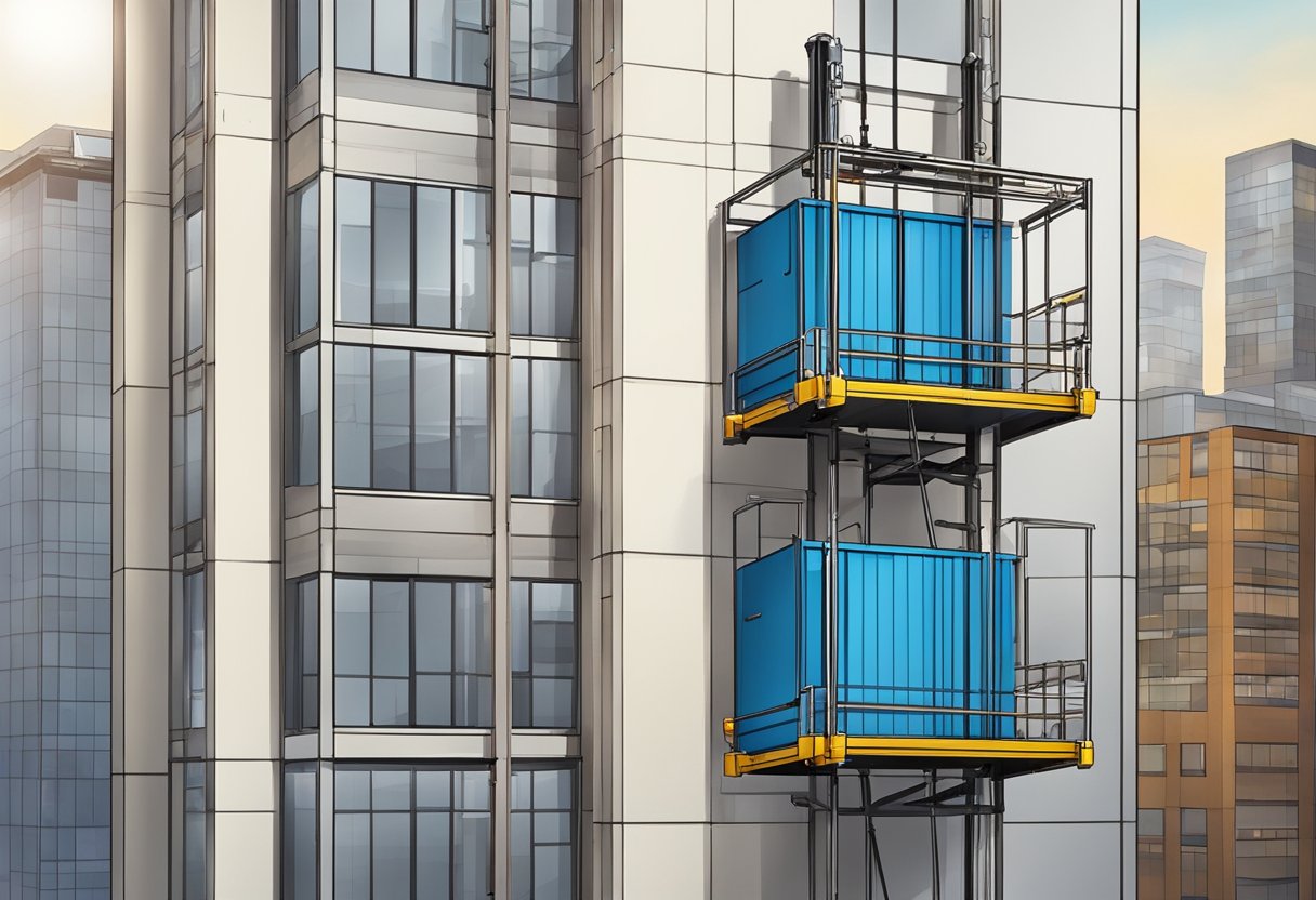 A construction goods lift hoists materials up a high-rise building