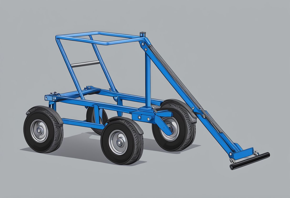 A sturdy metal frame with wheels, a hydraulic system, and adjustable straps for lifting and transporting heavy objects