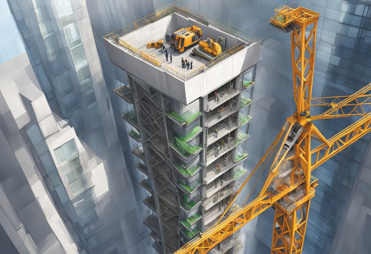 A Zoomlion passenger hoist ascends a high-rise construction site, surrounded by steel beams and concrete walls