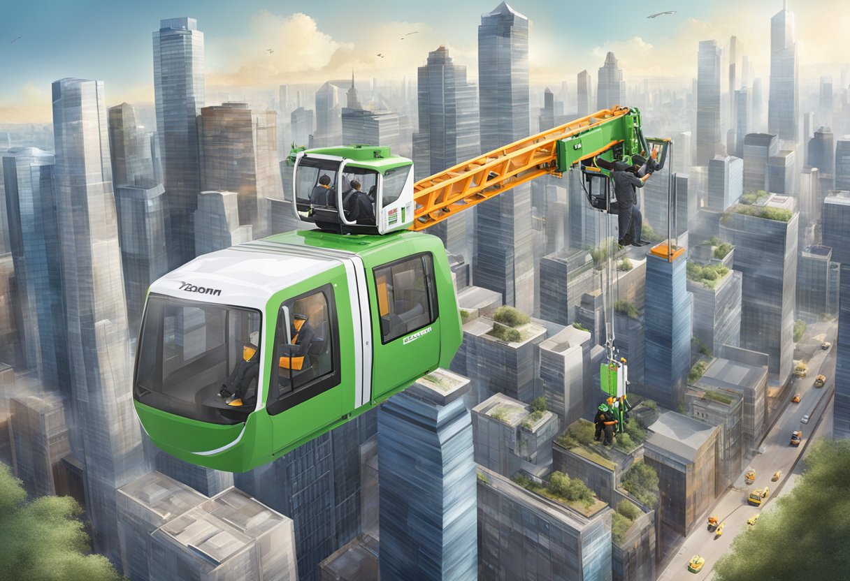 A zoomlion passenger hoist rises against a city skyline, with workers and materials being transported up and down