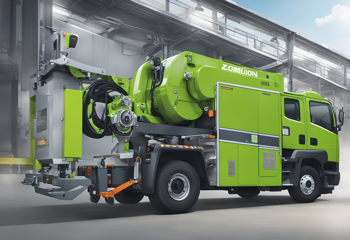 The Safety Features of the Zoomlion passenger hoist are highlighted, including emergency brakes, safety locks, and overload protection