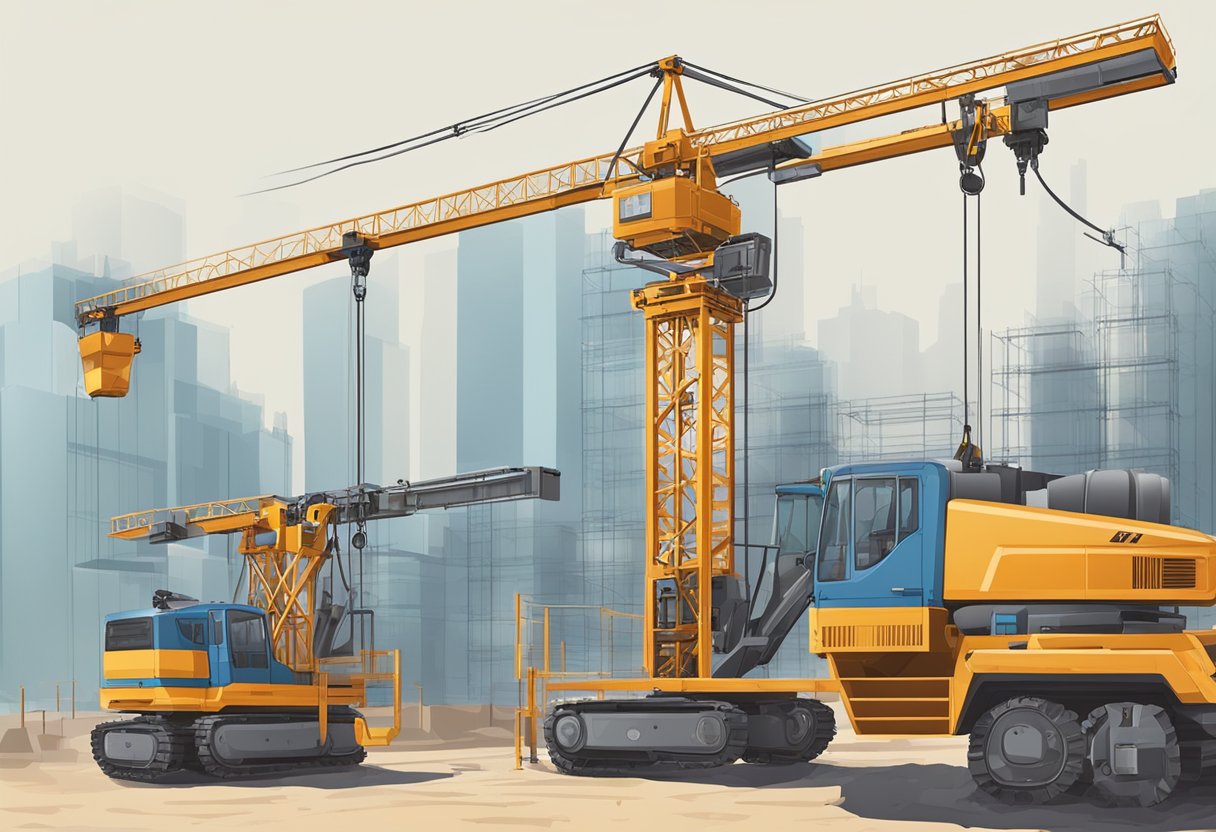 Various hoists, including electric and manual, are used on the construction site. They are positioned near the building structure and are lifting heavy materials