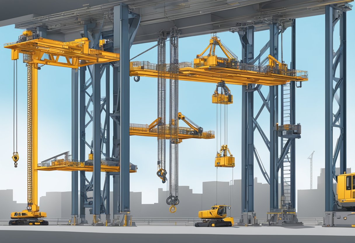 Various types of construction hoist mechanisms in action, including rack and pinion, traction, and rope