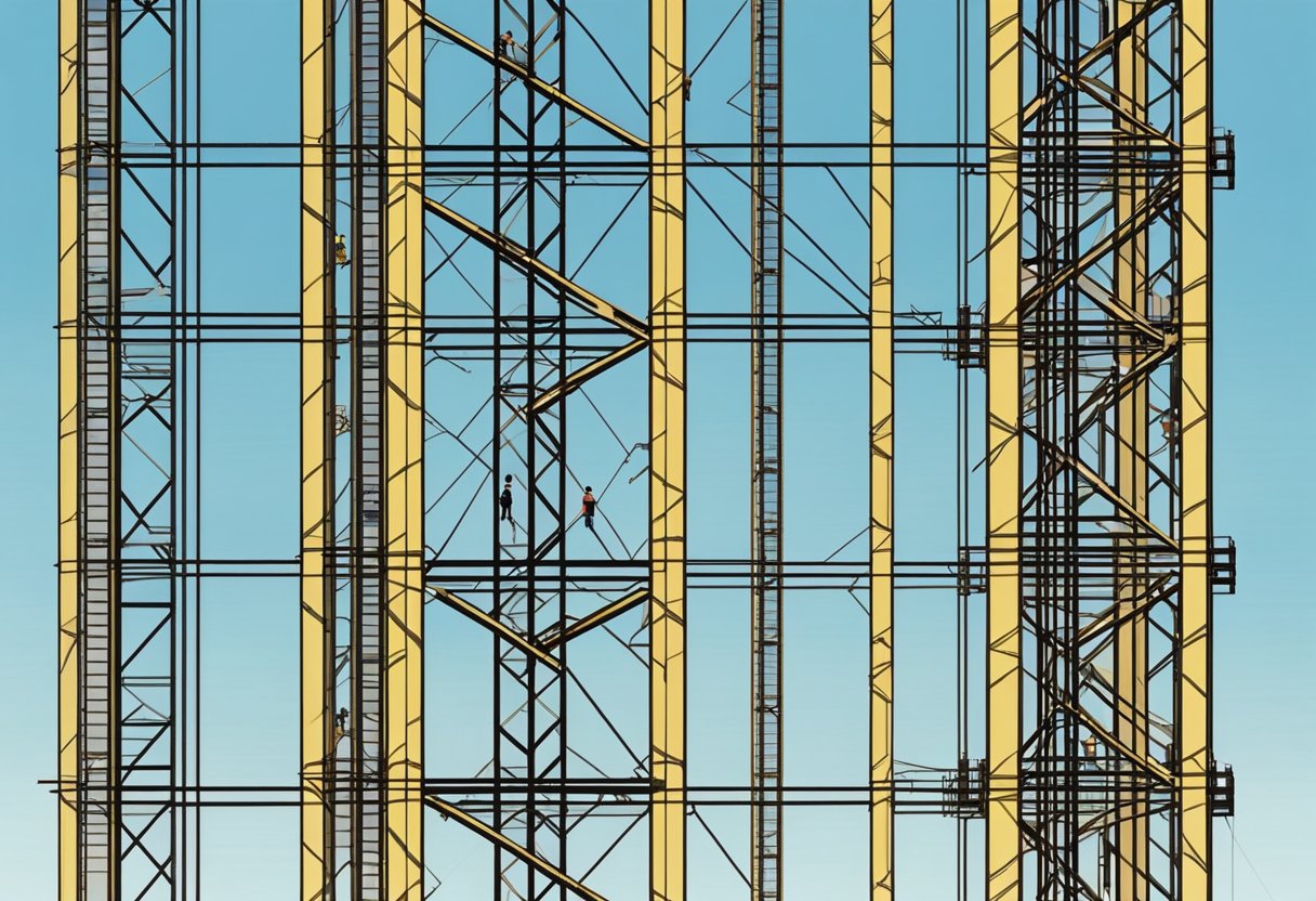 A scaffold hoist tower rises against a clear blue sky, with metal beams and pulleys creating a geometric pattern