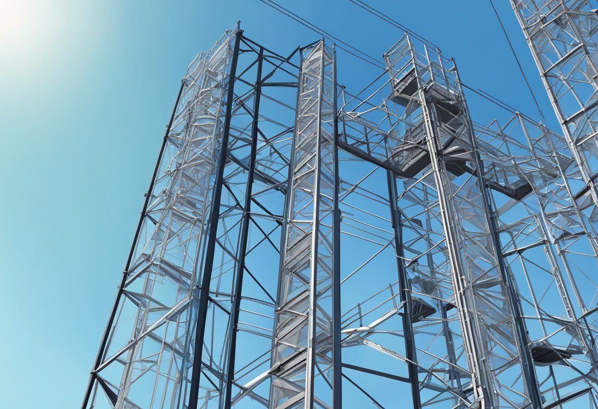 A scaffold hoist tower stands tall against a clear blue sky, with sturdy metal frames and pulley systems visible from a distance