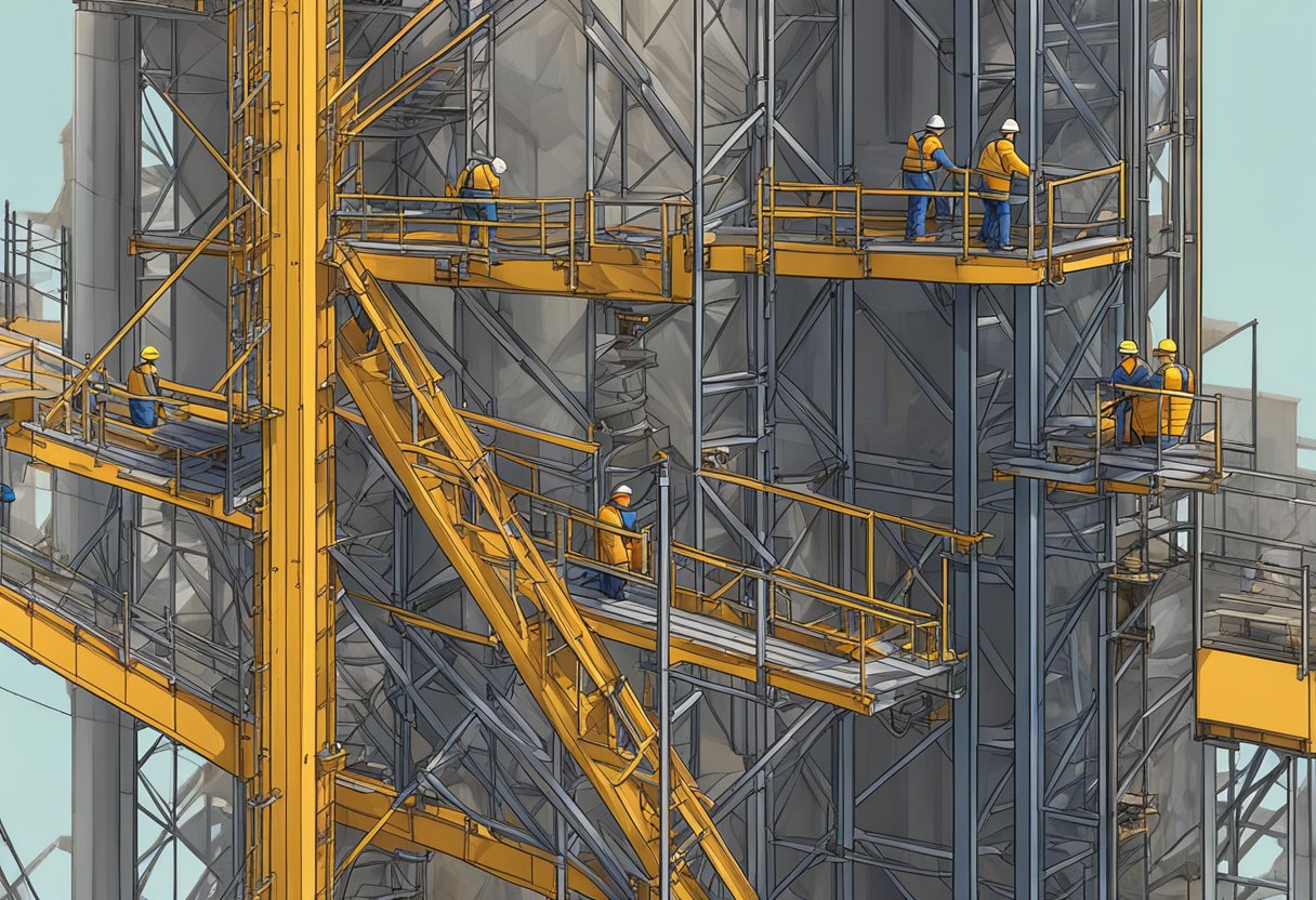 A scaffold hoist tower stands tall, with steel beams and pulleys, surrounded by construction materials and workers below