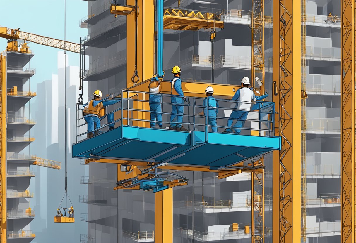 A construction lift hoisting materials and workers at a building site. The lift is surrounded by scaffolding and construction equipment