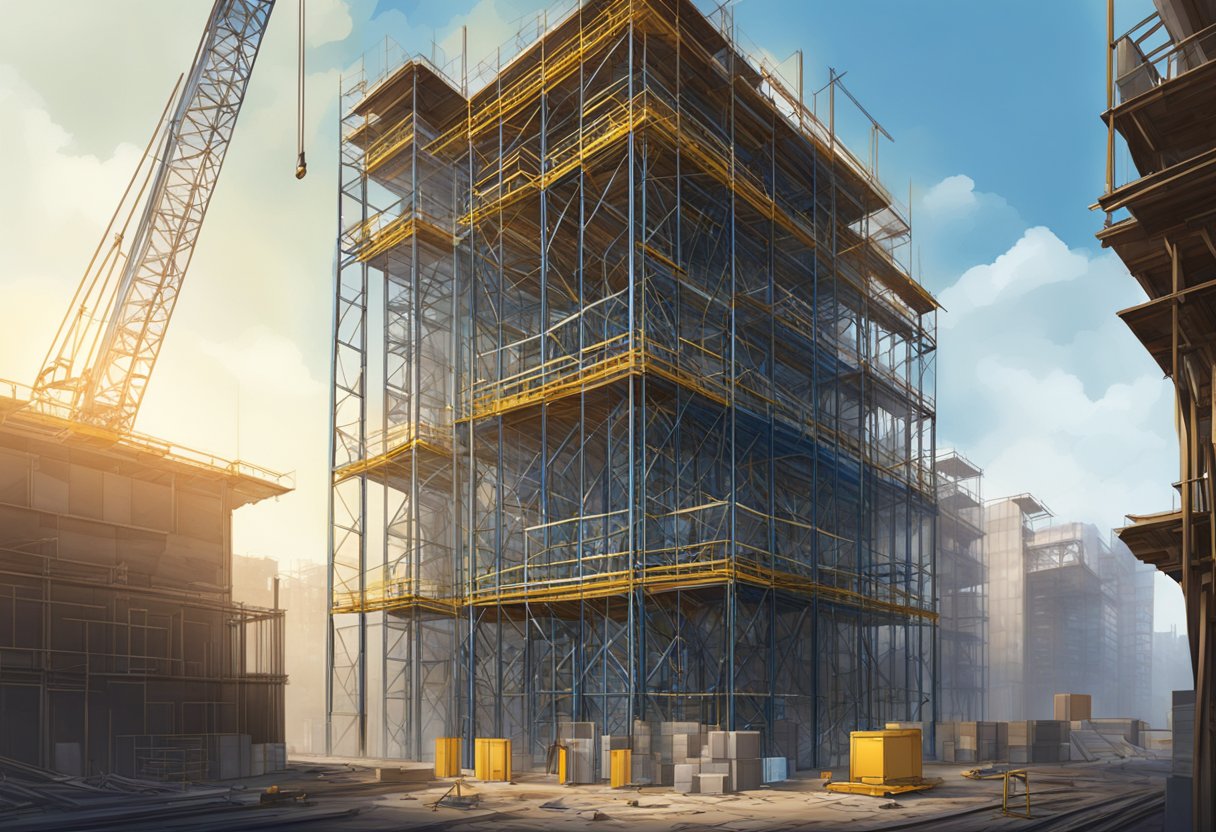 An exterior elevator rises against a backdrop of scaffolding and construction materials