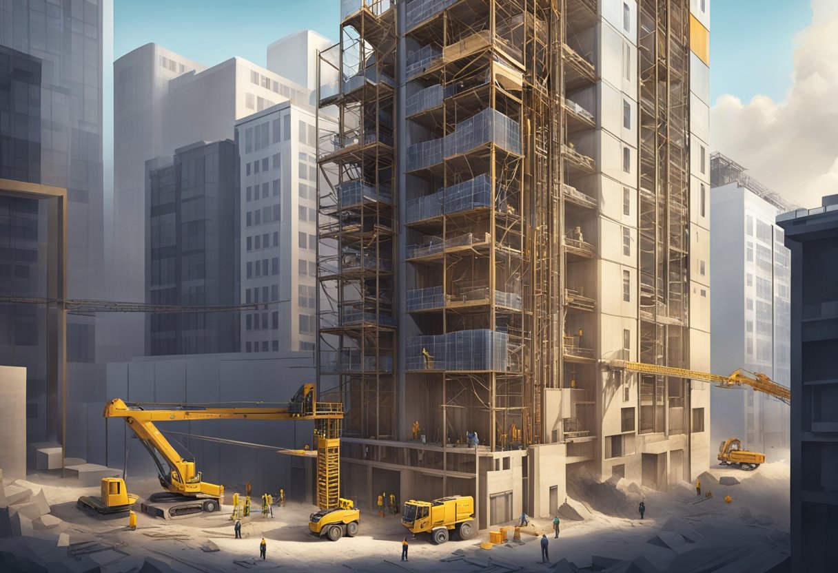 A construction site with a tall building and an exterior elevator attached to the side, with workers and materials being transported up and down