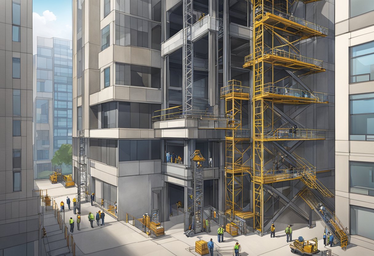 An exterior construction elevator rises alongside a tall building, with workers and materials visible inside