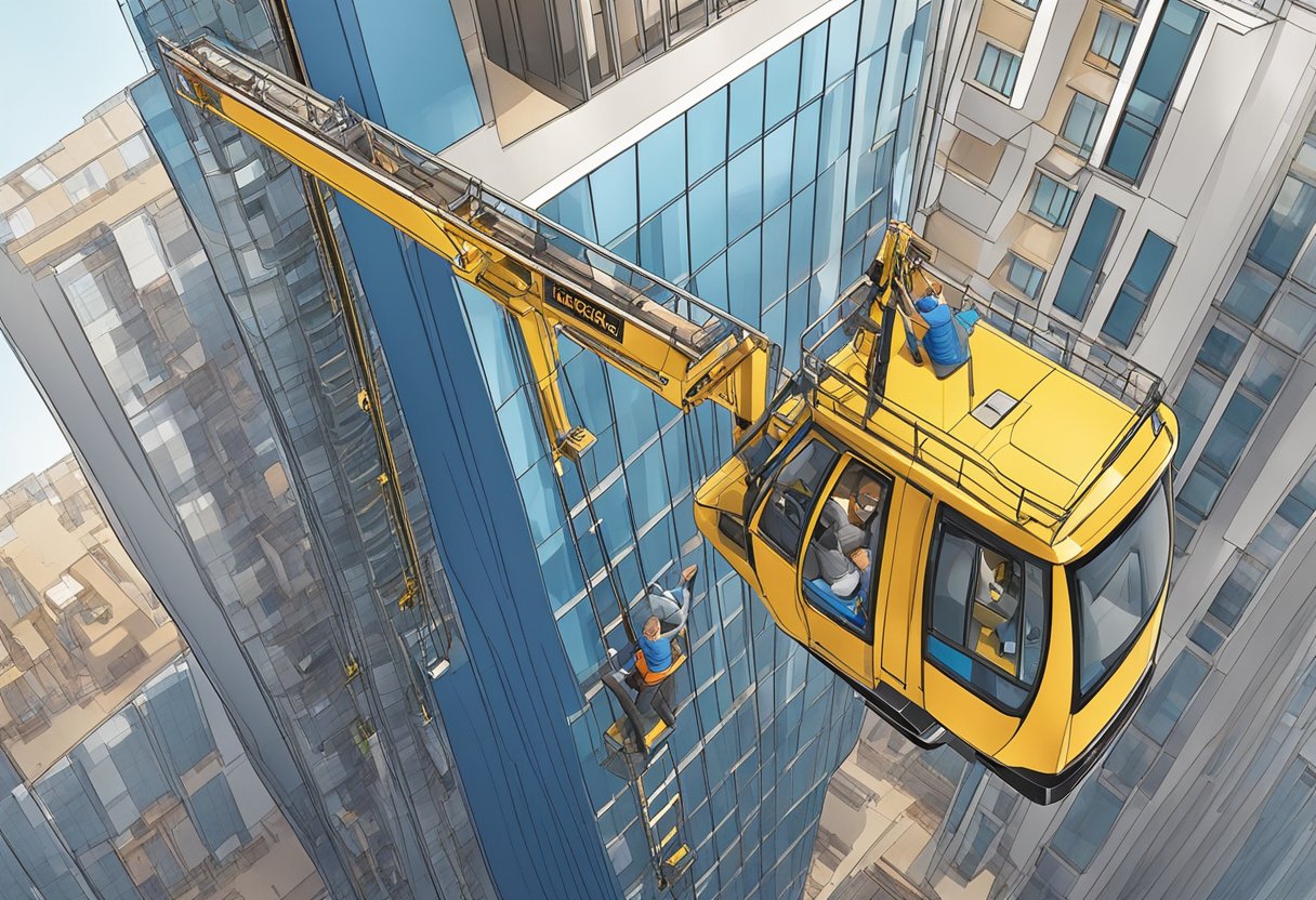 A passenger hoist is lifting construction materials to the top of a skyscraper