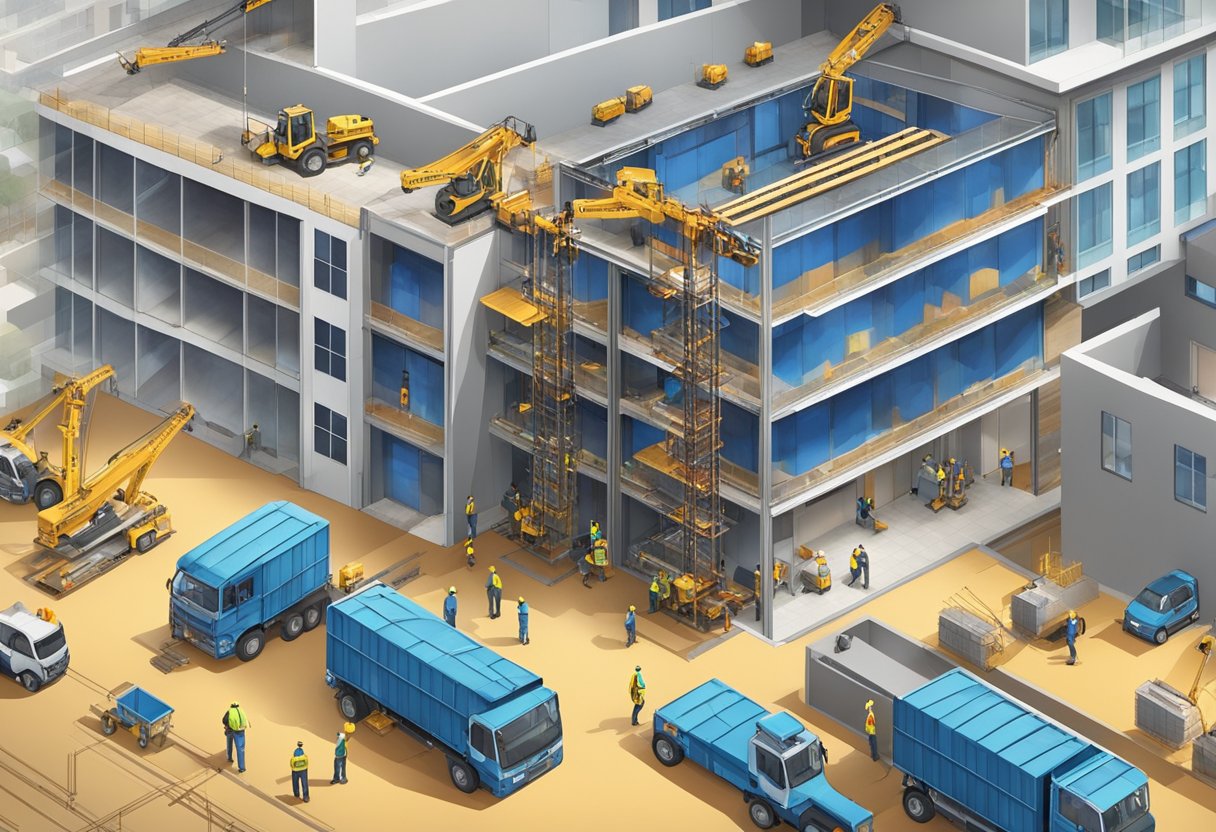 An aerial view of multiple passenger hoists in operation at a construction site, with workers and materials being transported up and down the building