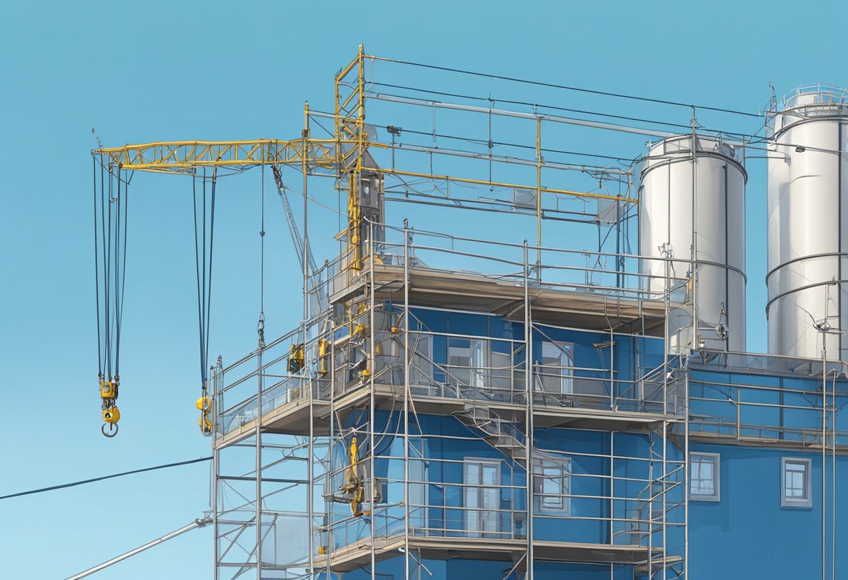 A chimney hoist scaffold rises against a clear blue sky, with ropes and pulleys attached to the structure