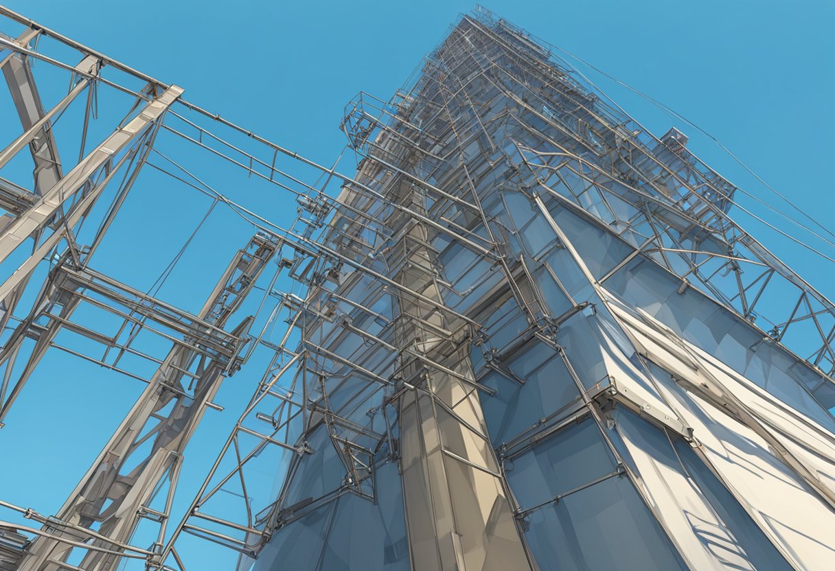 A chimney hoist scaffold rises against a clear blue sky, with sturdy metal beams and pulleys extending upwards