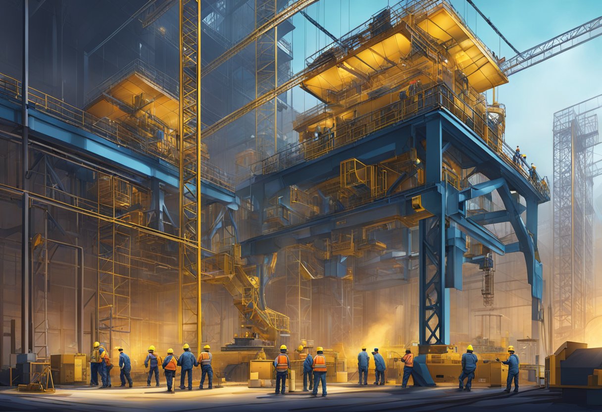 The construction hoist factory buzzes with activity as workers assemble and test heavy-duty hoists. Machinery hums and sparks fly, creating an atmosphere of industrious energy